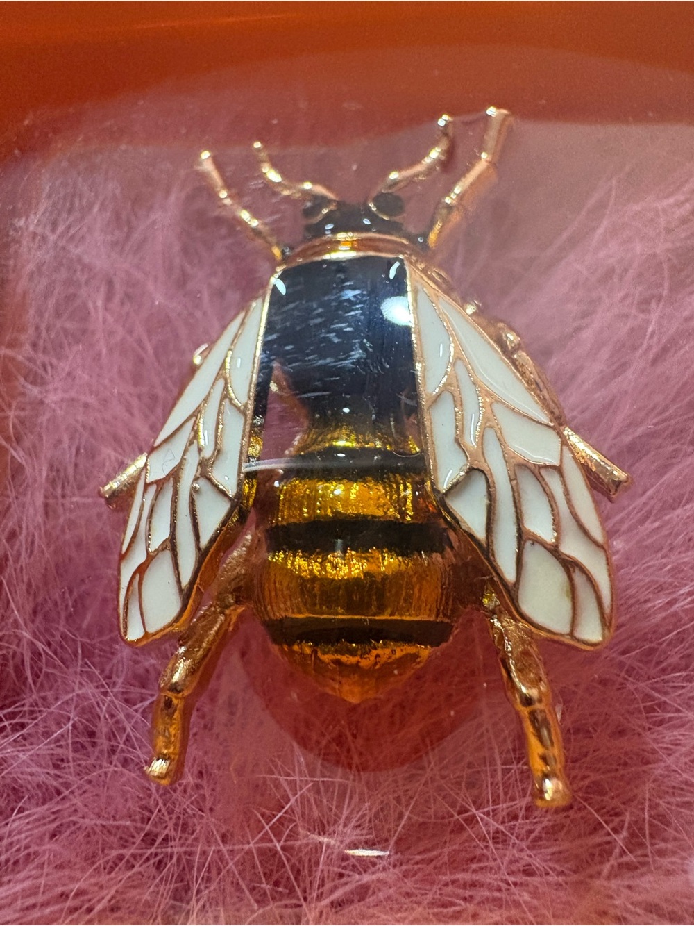 Gold and Black Bee Brooch with White Enamel Wings